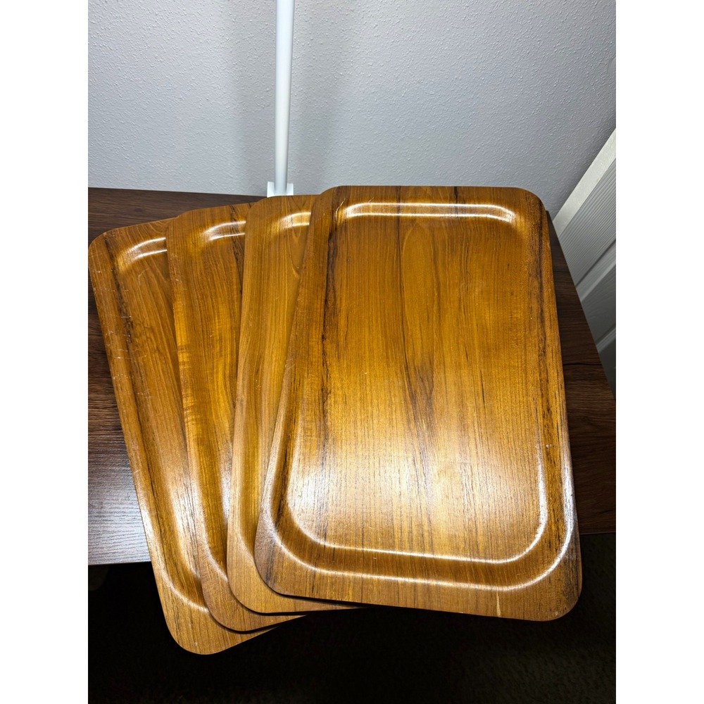 MCM Wood Grain Serving Trays Glossy Brown Rectangular 18 x 12 w/Rim Set of 4